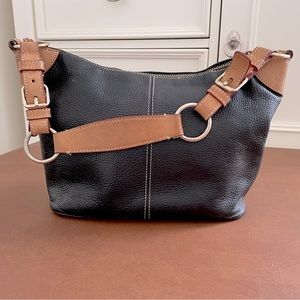 Dooney and Bourke Vintage GUC leather shoulder hobo bag in black and tan accents
